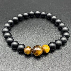 Golden Tigers Eye and Black Stone Unisex Stretch Bracelet